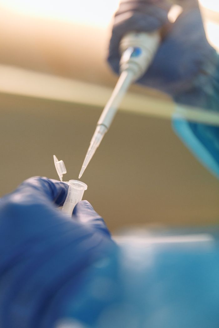 Close-up of a gloved scientist using a pipette in a modern lab setting.